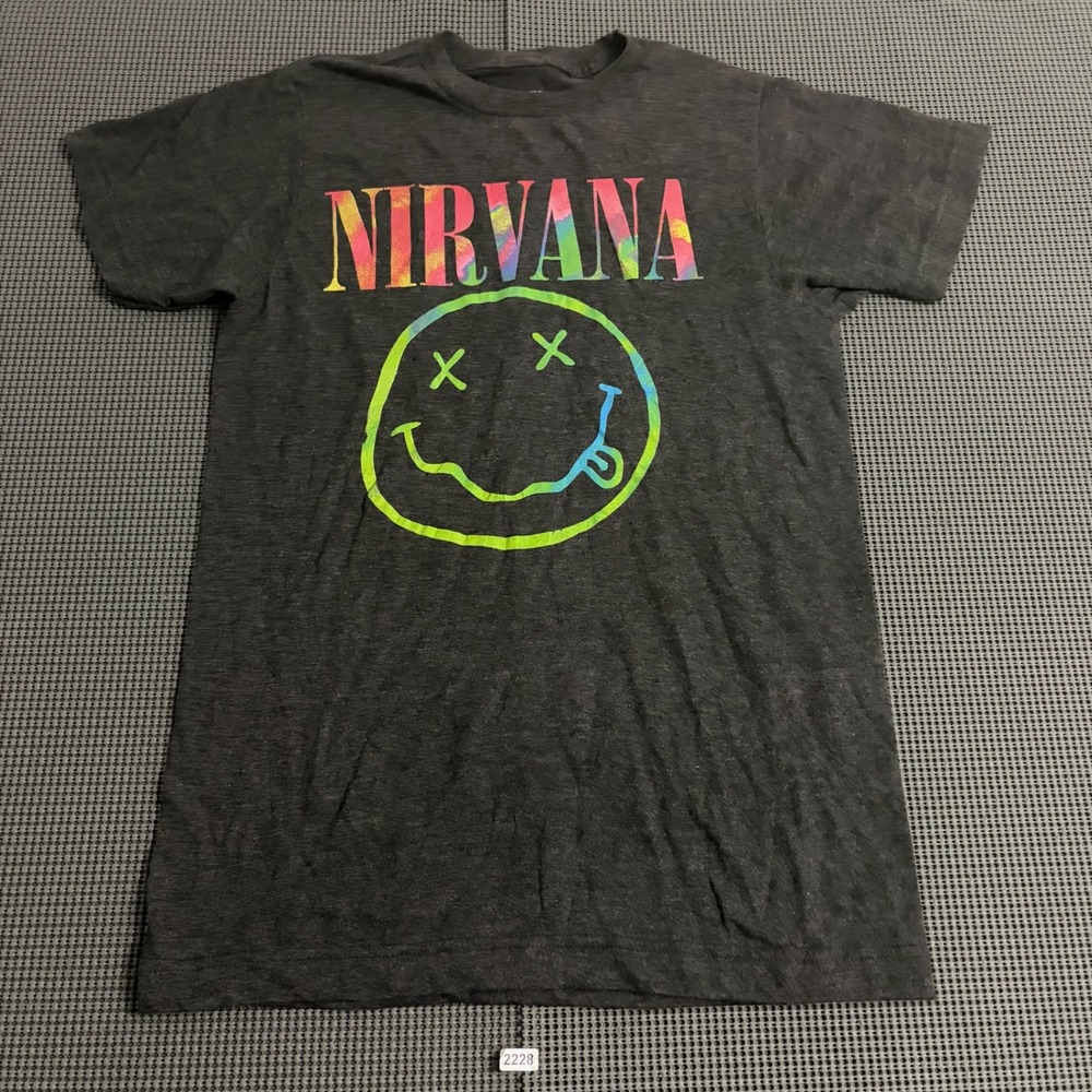Nirvana Smiley Face Graphic T-Shirt Small Charcoal Grey Rainbow Logo Tee